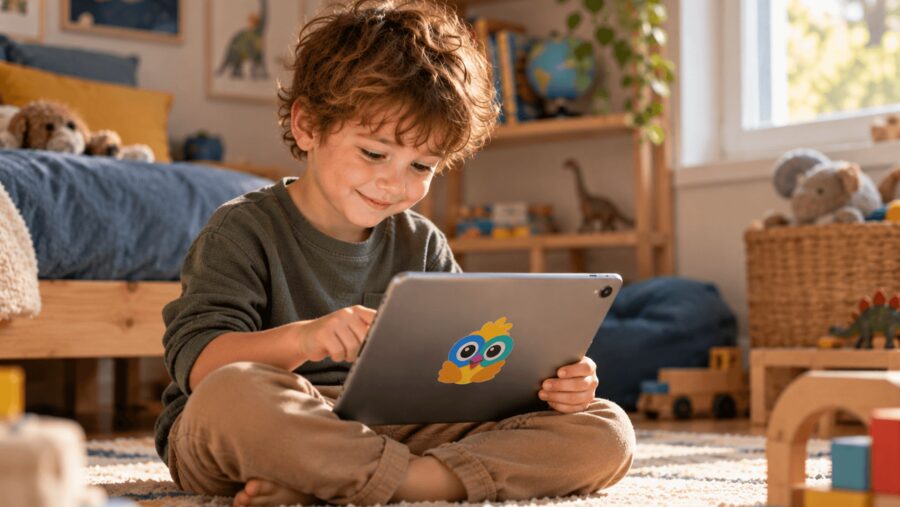 A young child using a tablet on the floor of their bedroom