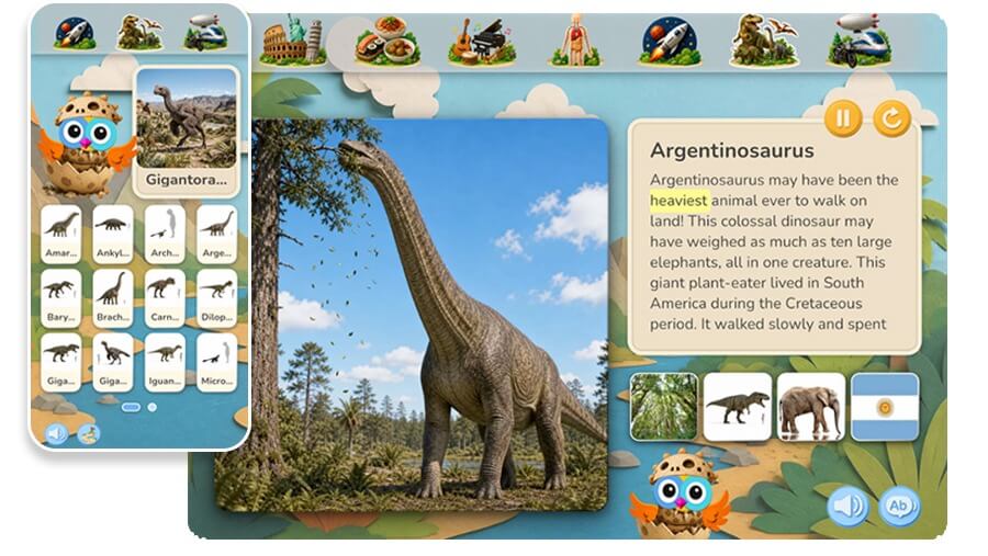 The Wikids Dinosaurs category on a tablet, showing an Argentinosaurus entry with narrated read-along text and related topics