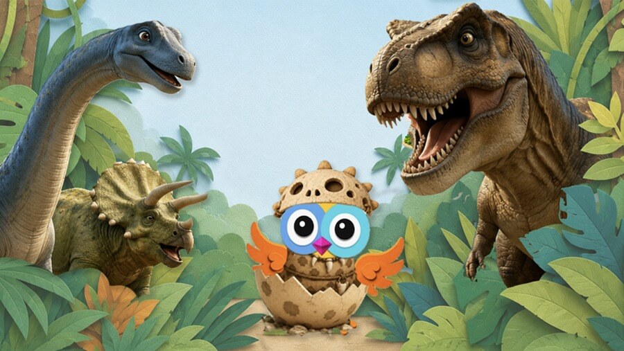 A Brachiosaurus, Triceratops and T. rex in a paper-craft jungle, with the Wikids owl hatching from a dinosaur egg